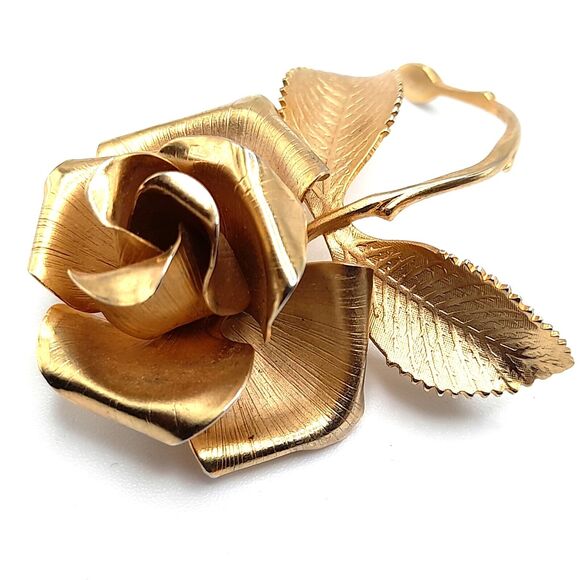 Cerrito Rose Brooch Pin 22K Gold Plate Hand Made - Picture 7 of 9